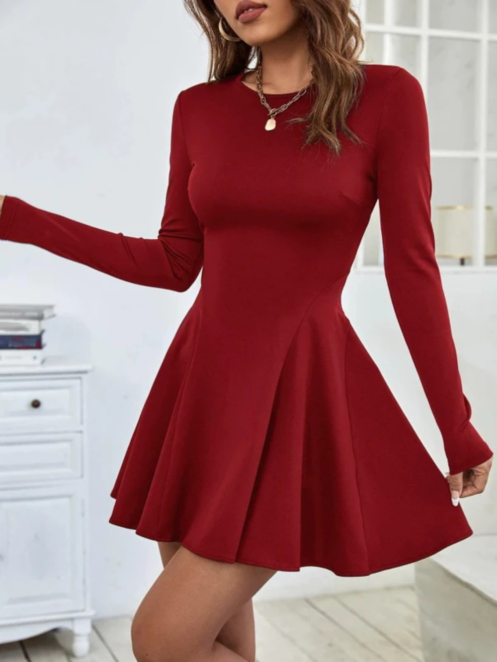 ZARA Simple Pure Sexy Red Midi Dress High Waist Slim Fit Fall Winter